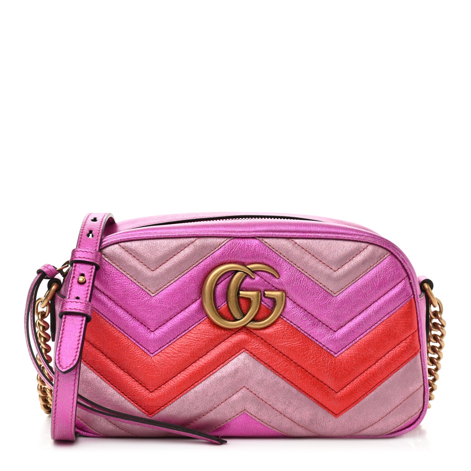 Gucci Laminated Nappa Matelasse Small GG Marmont Chain Shoulder Bag Fuxia Rosso Rosa 1 of 10