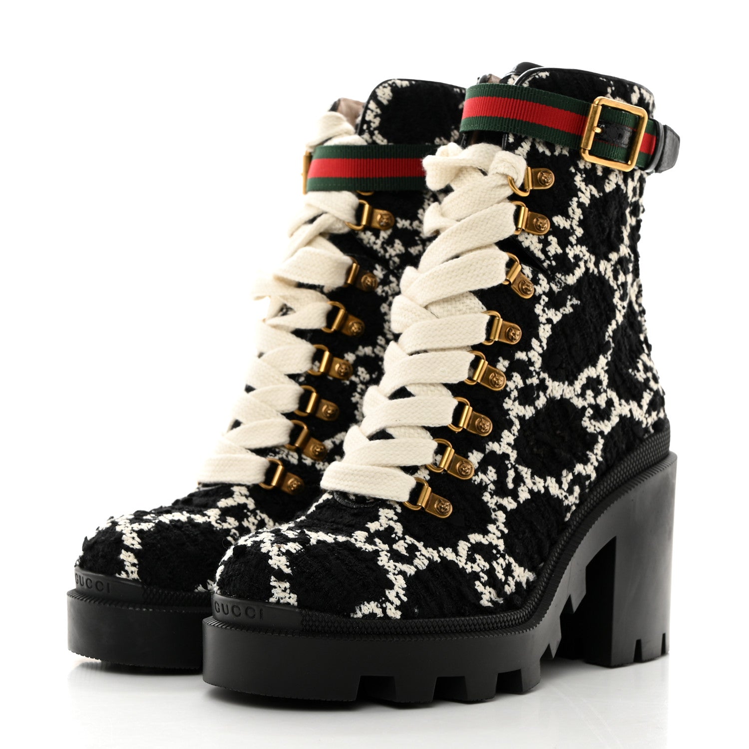 Gucci Tweed GG Monogram Lace Up Combat Ankle Boots 37.5 Black 3 of 9