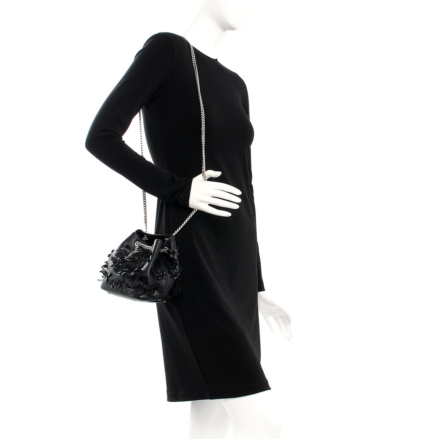 Lambskin Floral Applique Baby Emmanuelle Bucket Bag Black