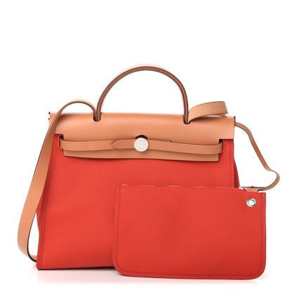 Hermes Vache Hunter Toile Herbag Zip 31 PM Rouge Tomate Natural 1 of 9