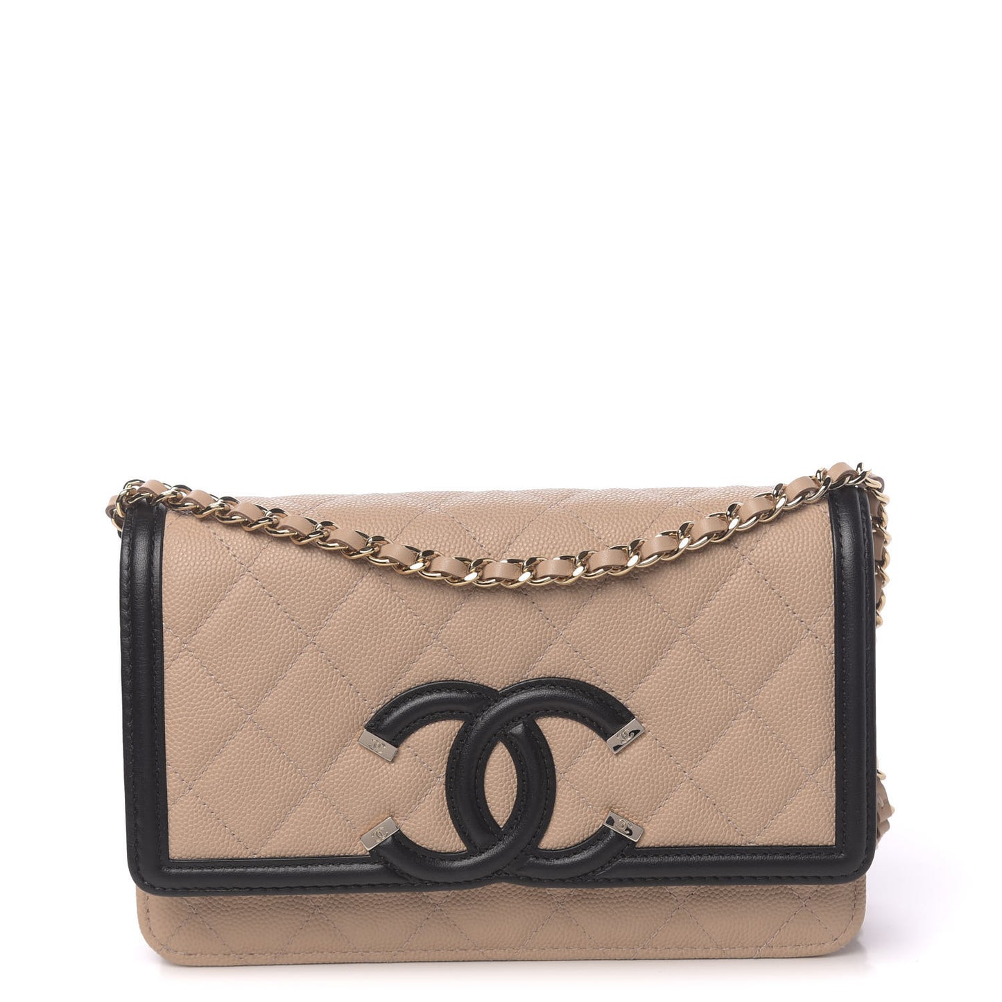 Caviar Quilted CC Filigree Wallet On Chain WOC Beige Black