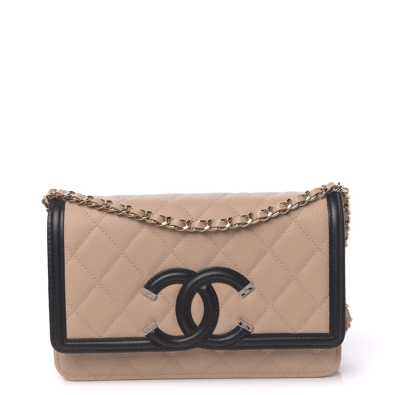 Chanel Caviar Quilted CC Filigree Wallet On Chain WOC Beige Black 1 of 12