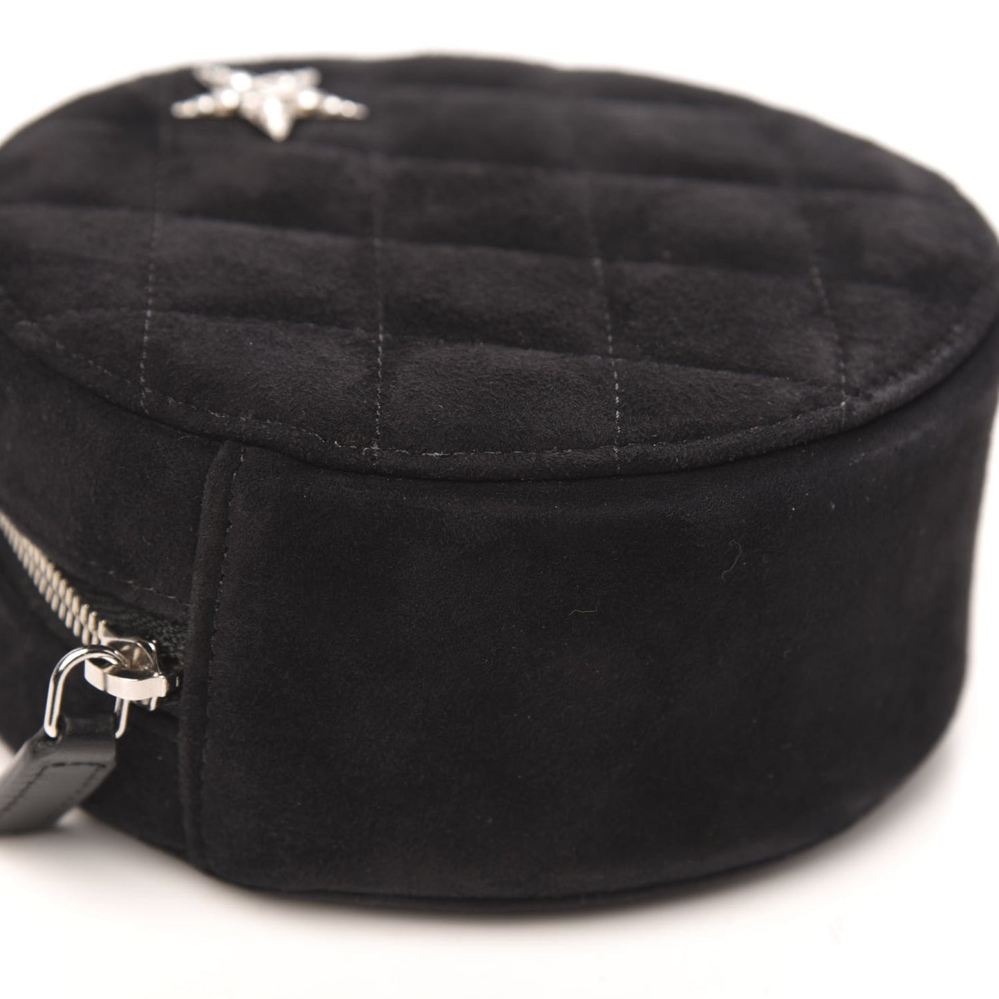 Suede Quilted Crystal Round Clutch With Logo Chain Black