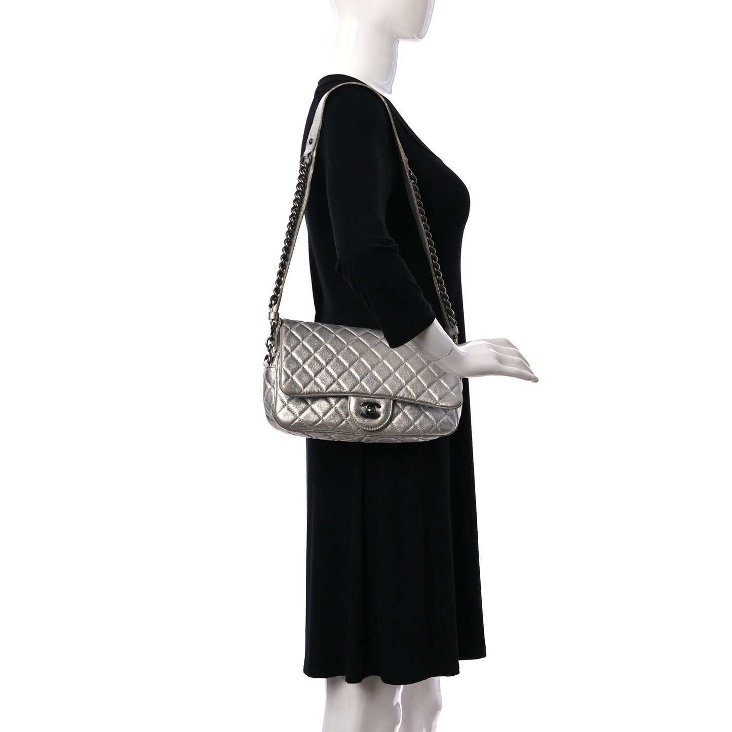 Metallic Grained Calfskin Quilted Small Casual Rock Flap Silver
