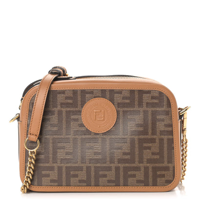 Fendi Glazed Fabric Vitello Century FF 1974 Stamp Patch Camera Case Mogano Panna Caramello 1 of 9