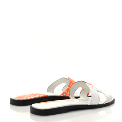 Hermes Calfskin Printed Peinture Fraiche Oran Sandals 37 White Orange 4 of 8