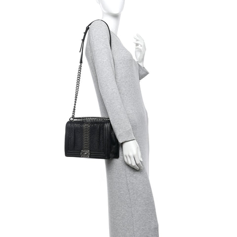 Patent Calfskin Snakeskin New Medium Boy Flap Black Silver