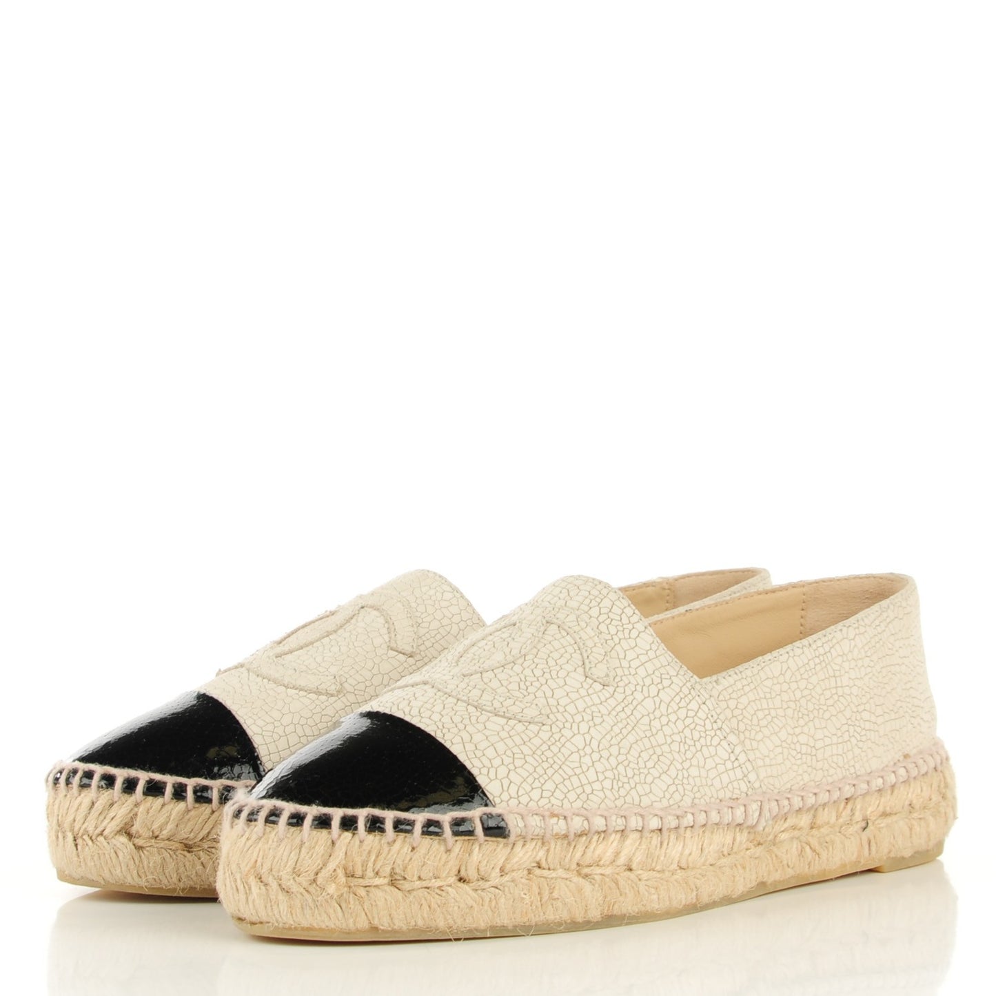 Crackled Leather Espadrilles 37 Beige Black