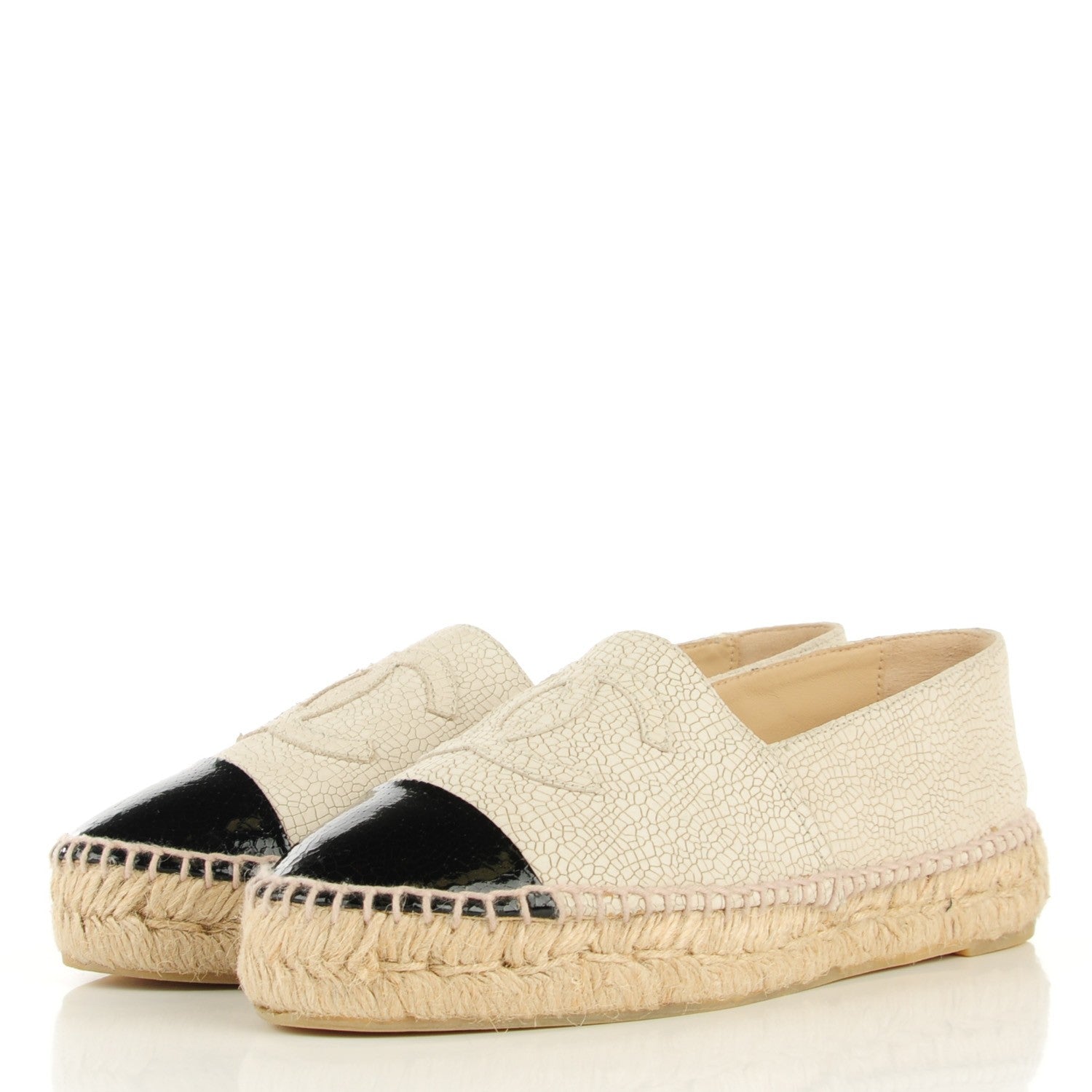 Chanel Crackled Leather Espadrilles 37 Beige Black 5 of 11