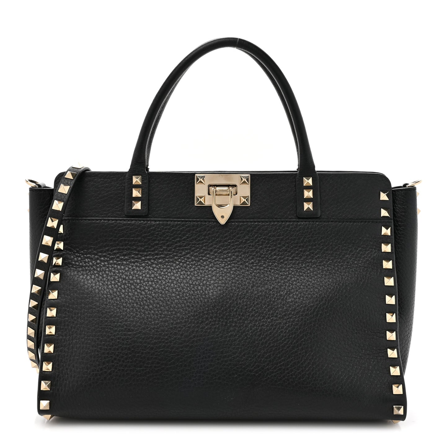 Pebbled Calfskin Rockstud Double Handle Tote Black