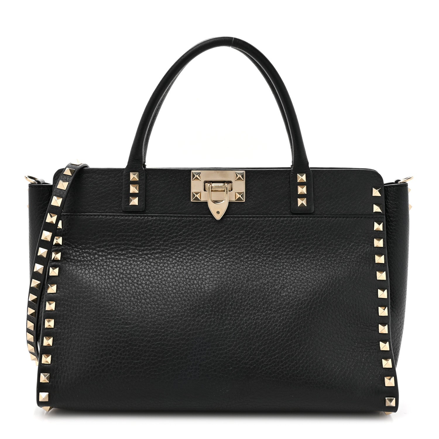 Valentino Garavani Pebbled Calfskin Rockstud Double Handle Tote Black 1 of 15