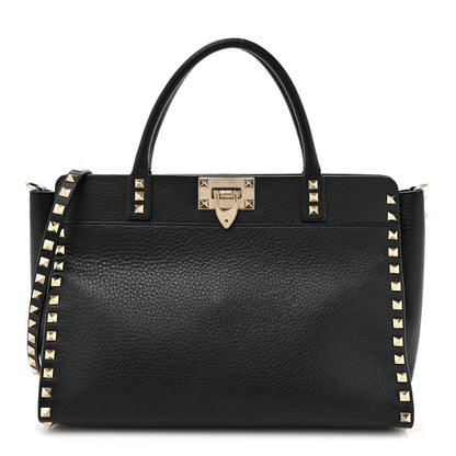 Valentino Garavani Pebbled Calfskin Rockstud Double Handle Tote Black 1 of 15
