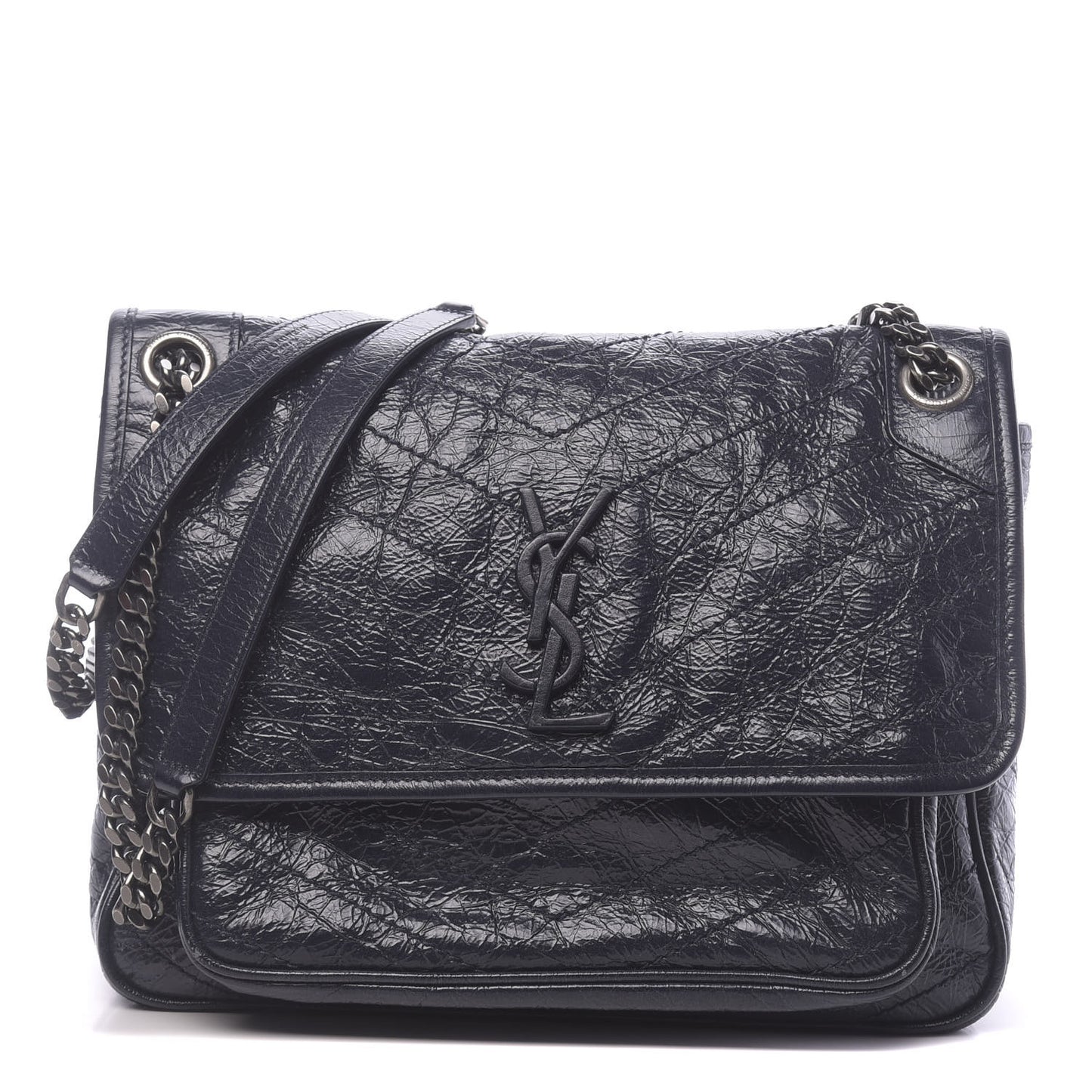 Crinkled Calfskin Matelasse Monogram Medium Niki Chain Satchel Deep Marine