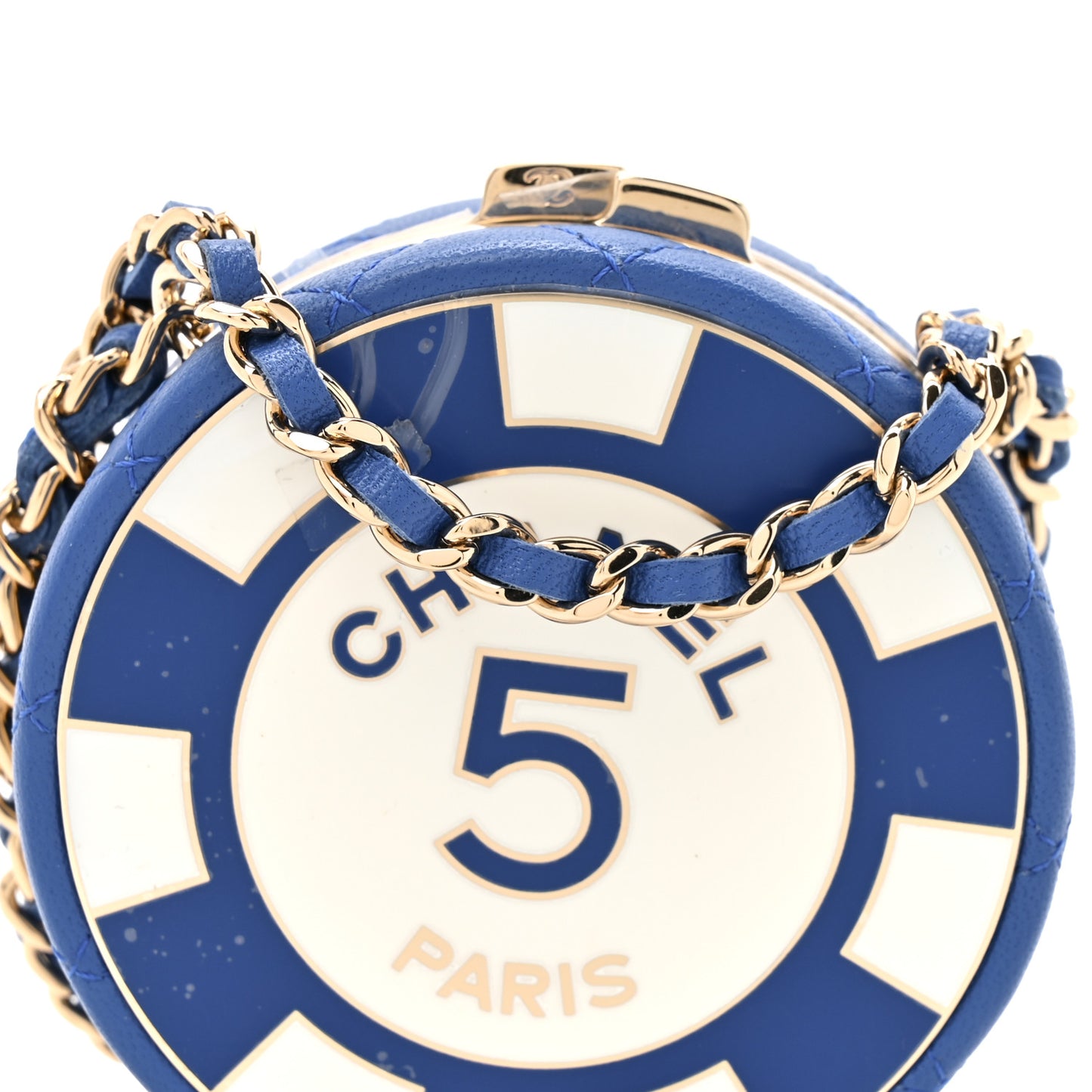 Lambskin Enamel Quilted Round Poker Chip Clutch With Chain Blue White