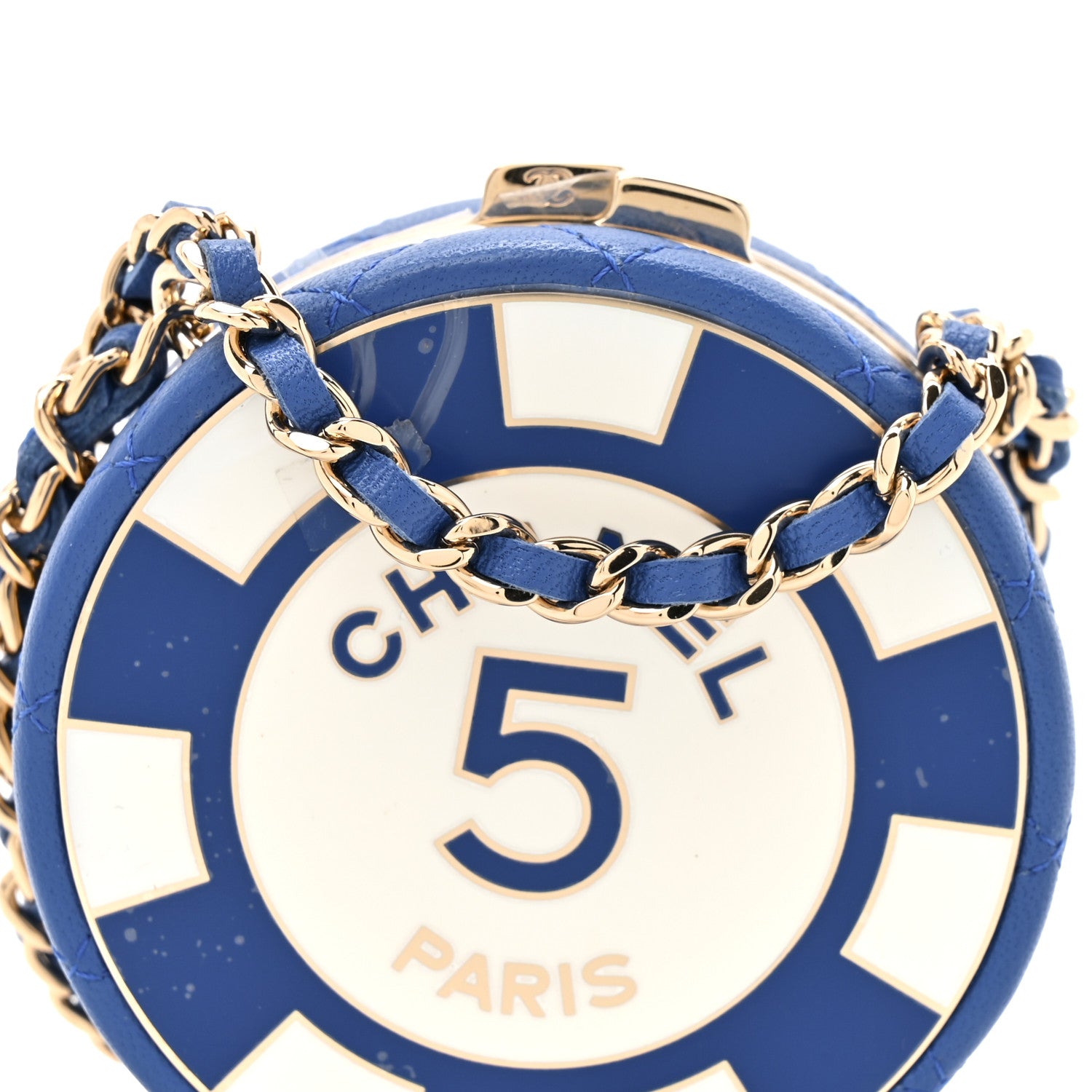 Chanel Lambskin Enamel Quilted Round Poker Chip Clutch With Chain Blue White 9 of 12