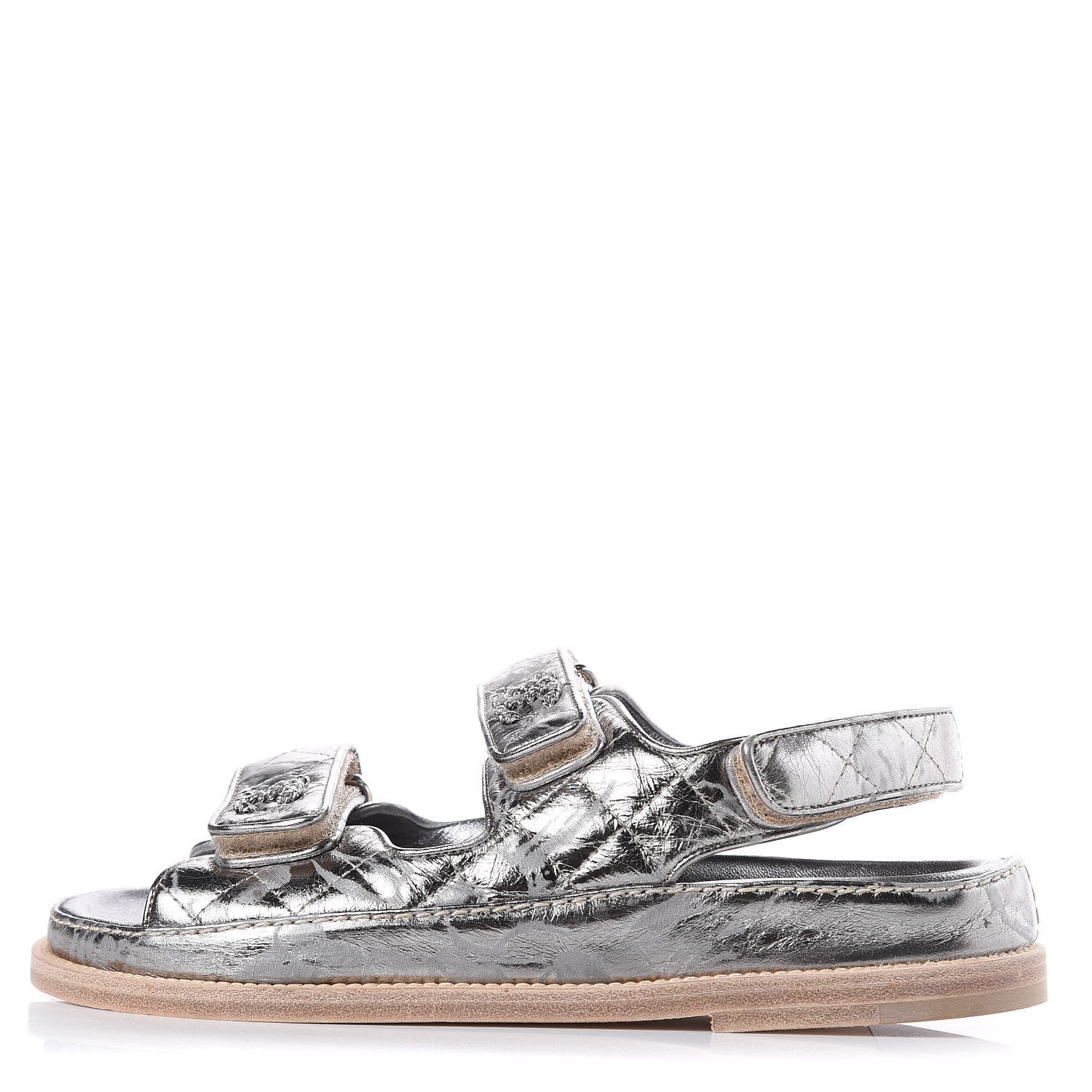 Chanel Metallic Crumpled Calfskin Chain CC Flat Sandals 36 Silver 1 of 7