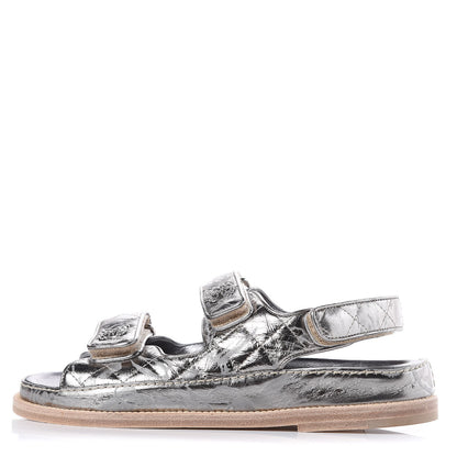 Chanel Metallic Crumpled Calfskin Chain CC Flat Sandals 36 Silver 1 of 7
