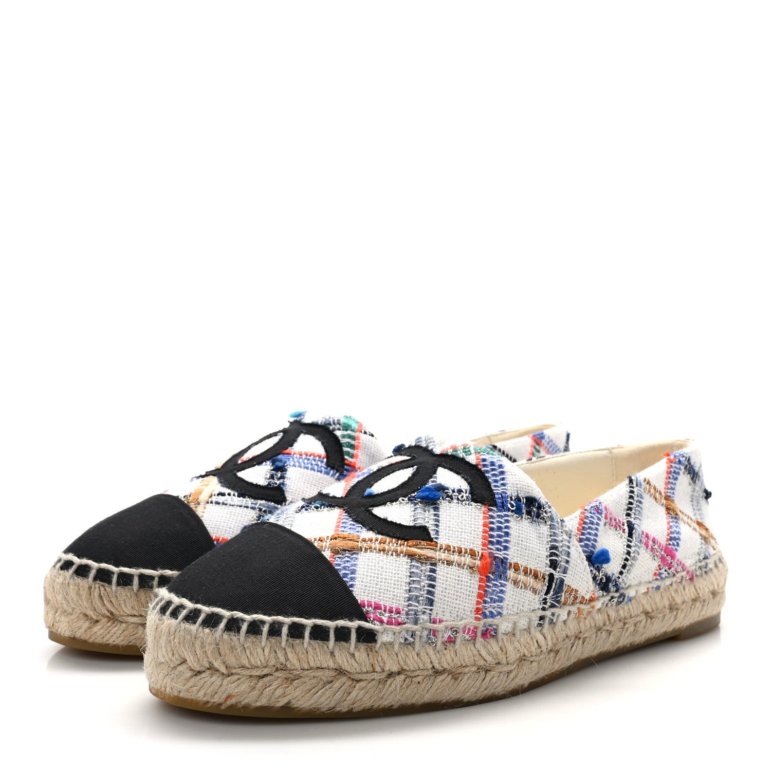 Chanel Tweed Grosgrain CC Espadrilles 38 White Blue Pink Green Black 3 of 8