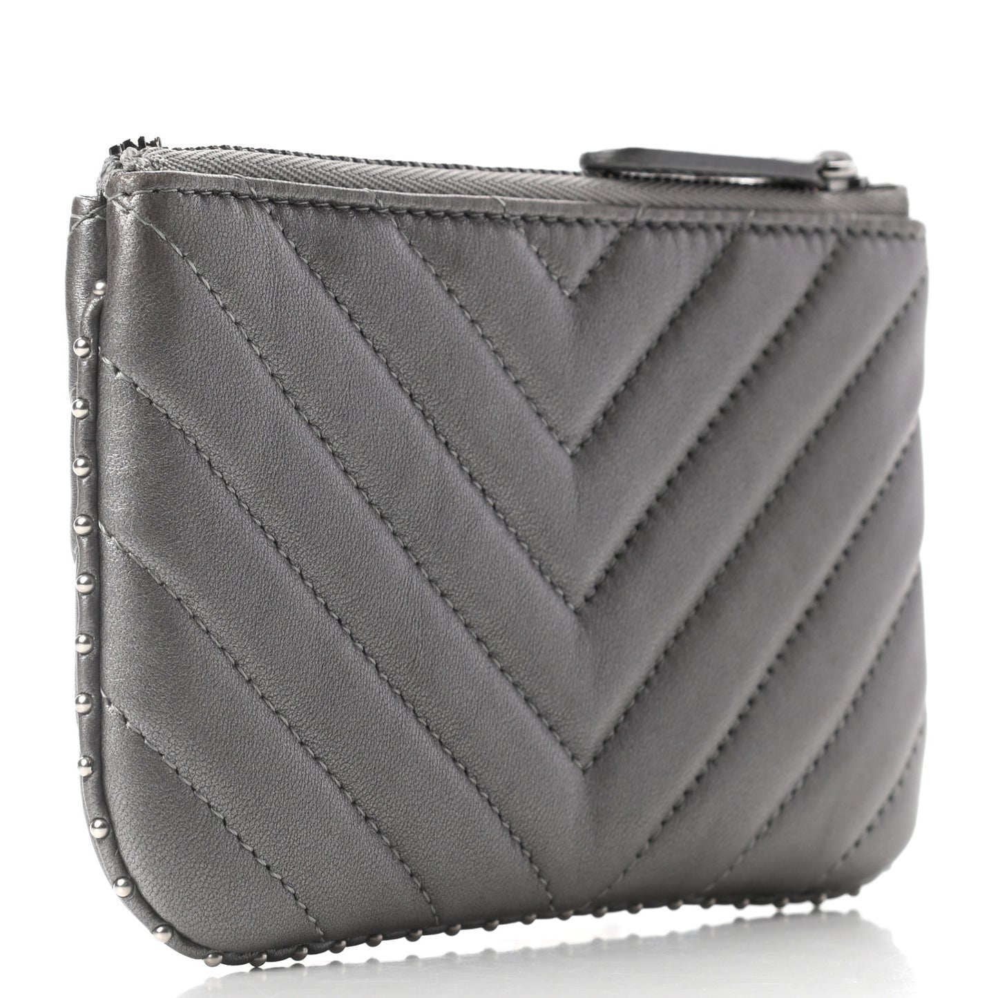 Crumpled Calfskin Chevron Quilted Studded Small Cosmetic Case Grey