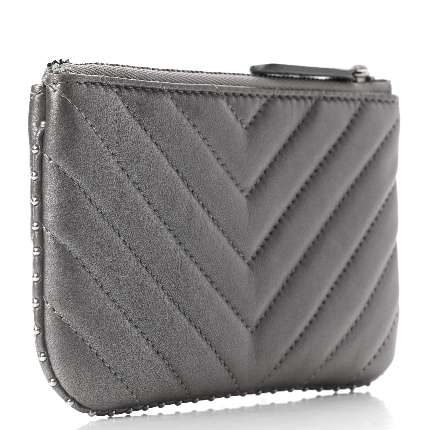 Chanel Crumpled Calfskin Chevron Quilted Studded Small Cosmetic Case Grey 3 of 7