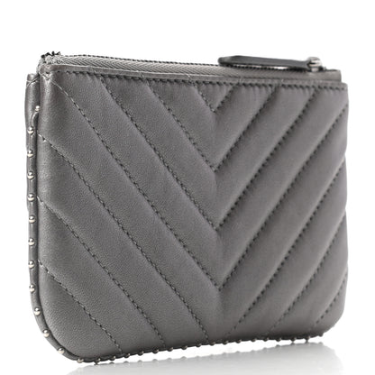 Chanel Crumpled Calfskin Chevron Quilted Studded Small Cosmetic Case Grey 3 of 7