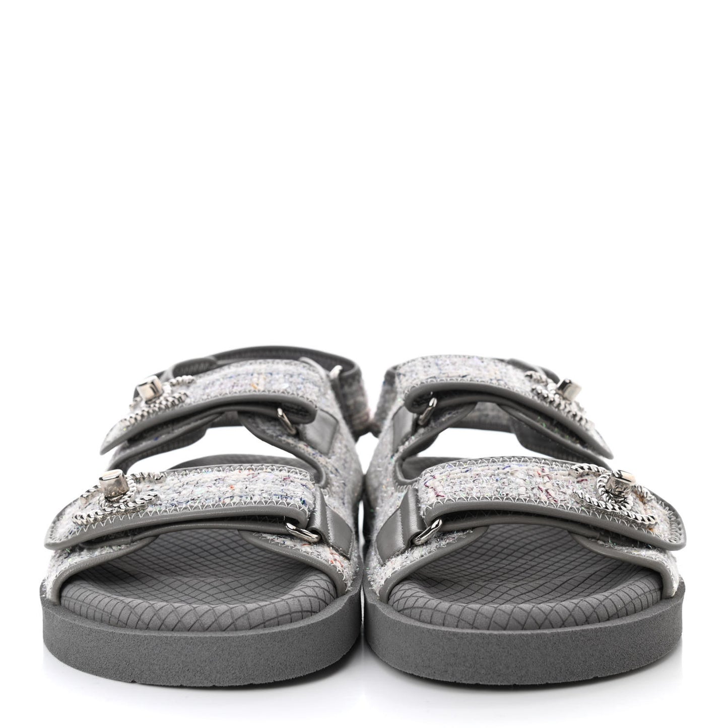 Tweed Lambskin Dad Sandals 36 Gray Ecru Blue