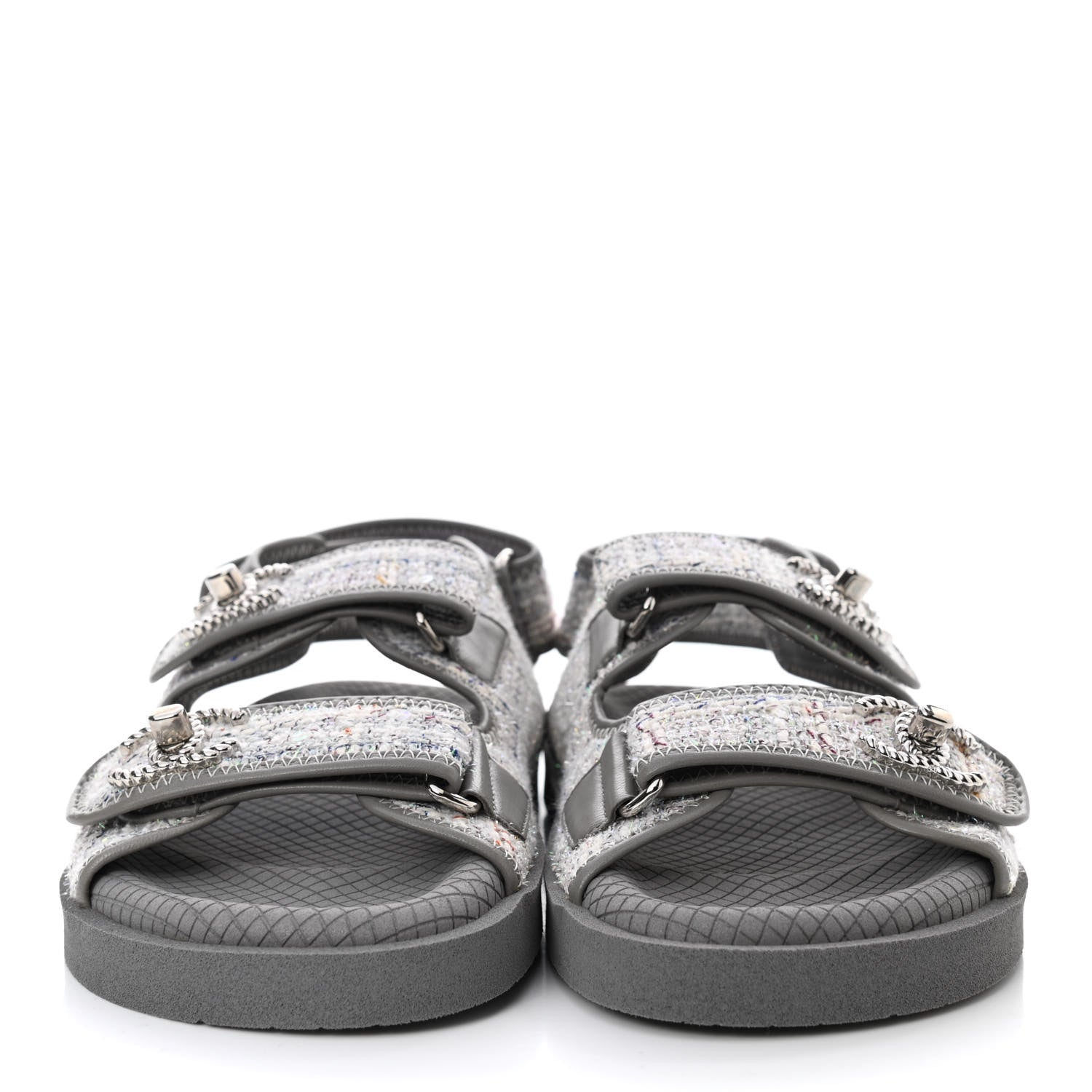 Chanel Tweed Lambskin Dad Sandals 36 Gray Ecru Blue 2 of 8