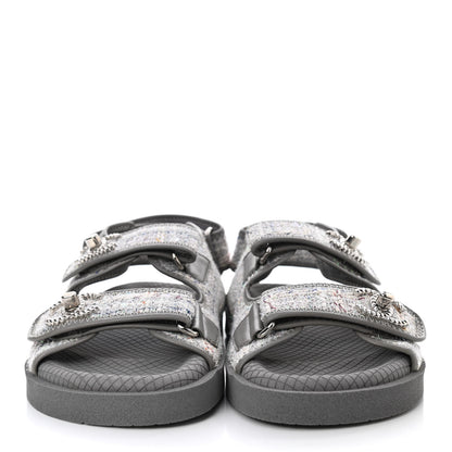 Chanel Tweed Lambskin Dad Sandals 36 Gray Ecru Blue 2 of 8