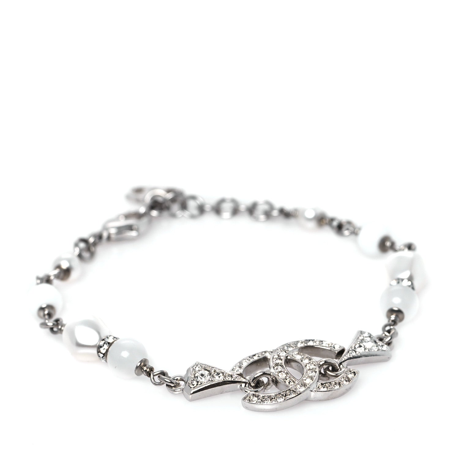 Chanel Metal Pearl Resin Crystal CC Bracelet Silver White 1642668