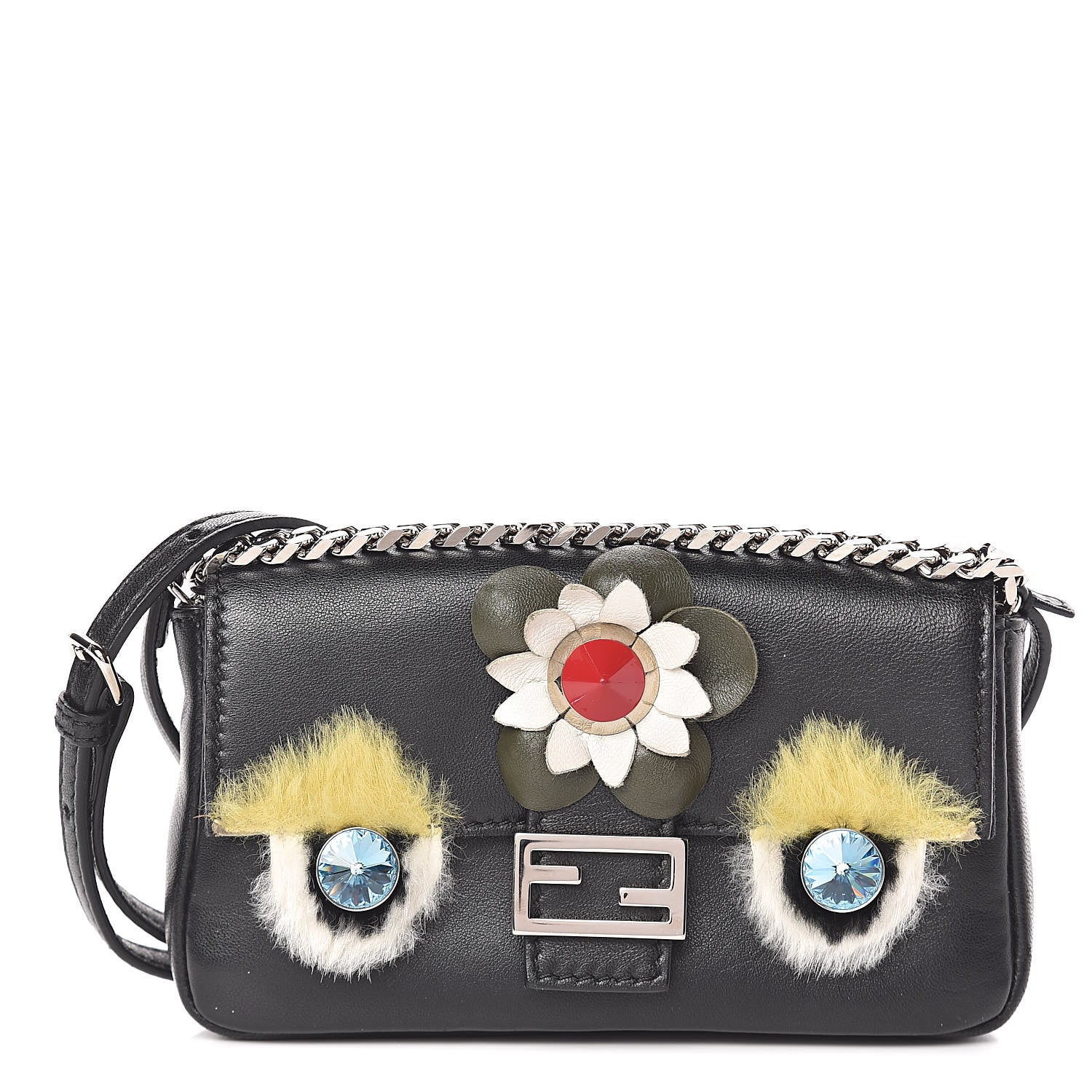 Fendi Shiny Nappa Rabbit Fur Crystal Flowerland Micro Buggie Baguette Black Mojito Multicolor 1 of 13