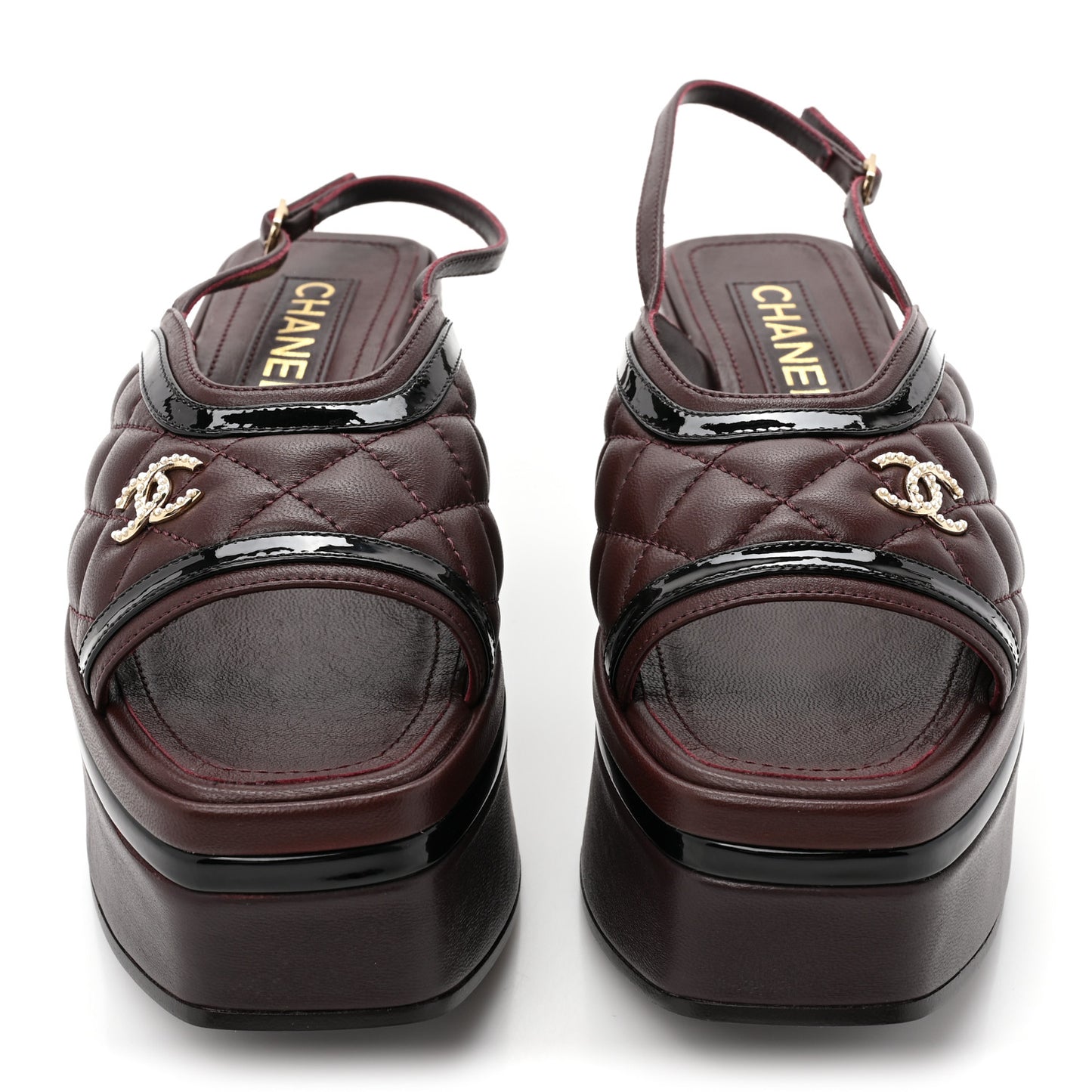 Lambskin Patent Calfskin Quilted CC Platform Slingback Sandals 36 Burgundy Black