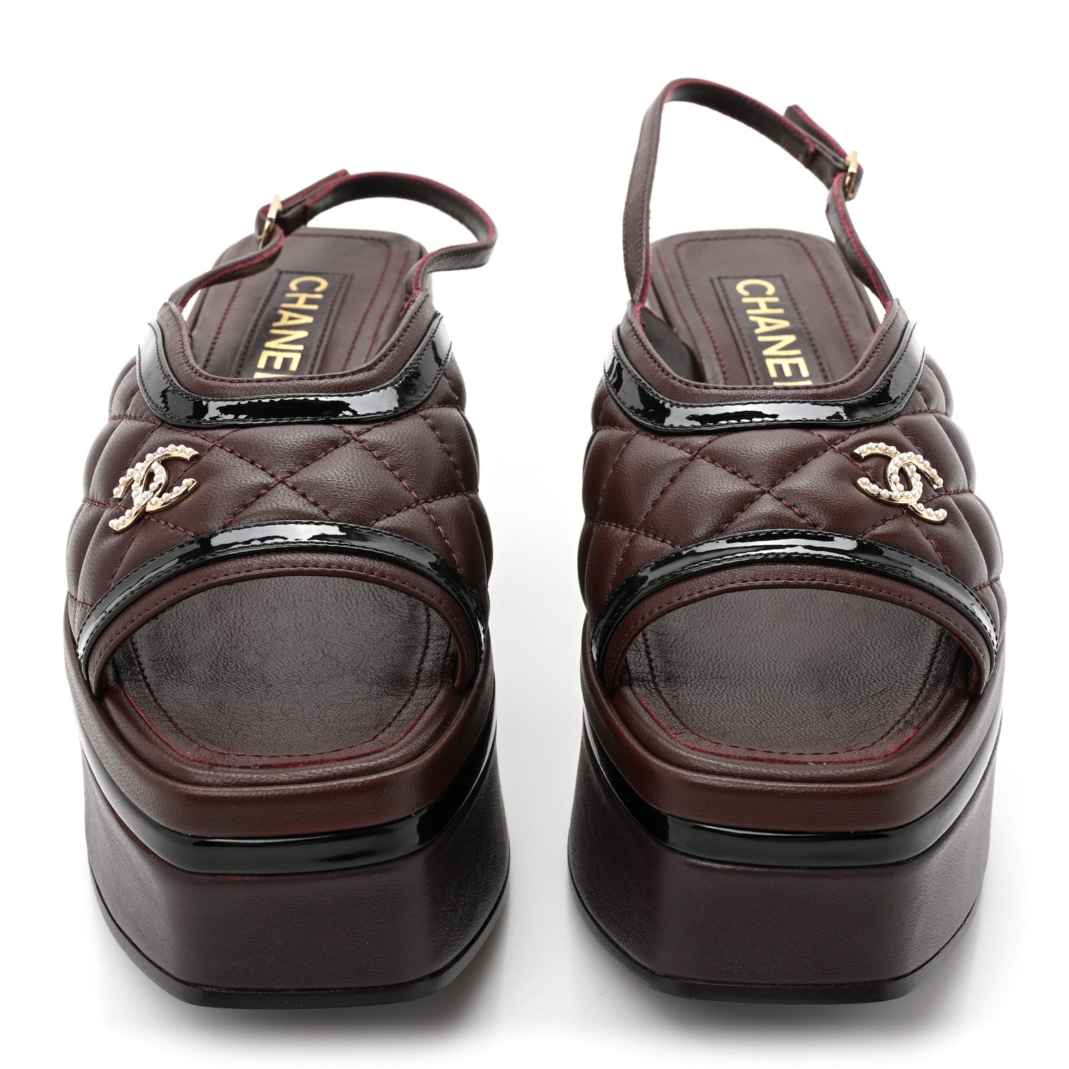 Chanel Lambskin Patent Calfskin Quilted CC Platform Slingback Sandals 36 Burgundy Black 2 of 9