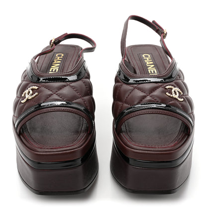 Chanel Lambskin Patent Calfskin Quilted CC Platform Slingback Sandals 36 Burgundy Black 2 of 9