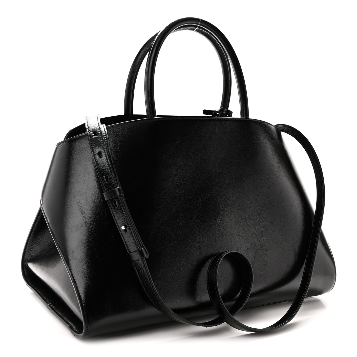 Shiny Calfskin Medium Hug Zip Pocket Shoulder Bag Black