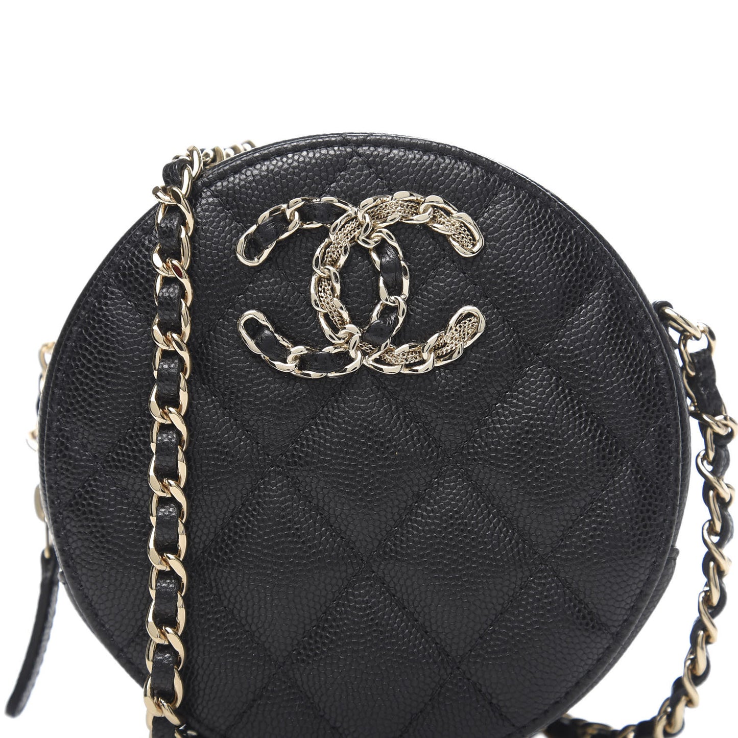 Caviar Quilted French New Wave Round Clutch With Chain Black