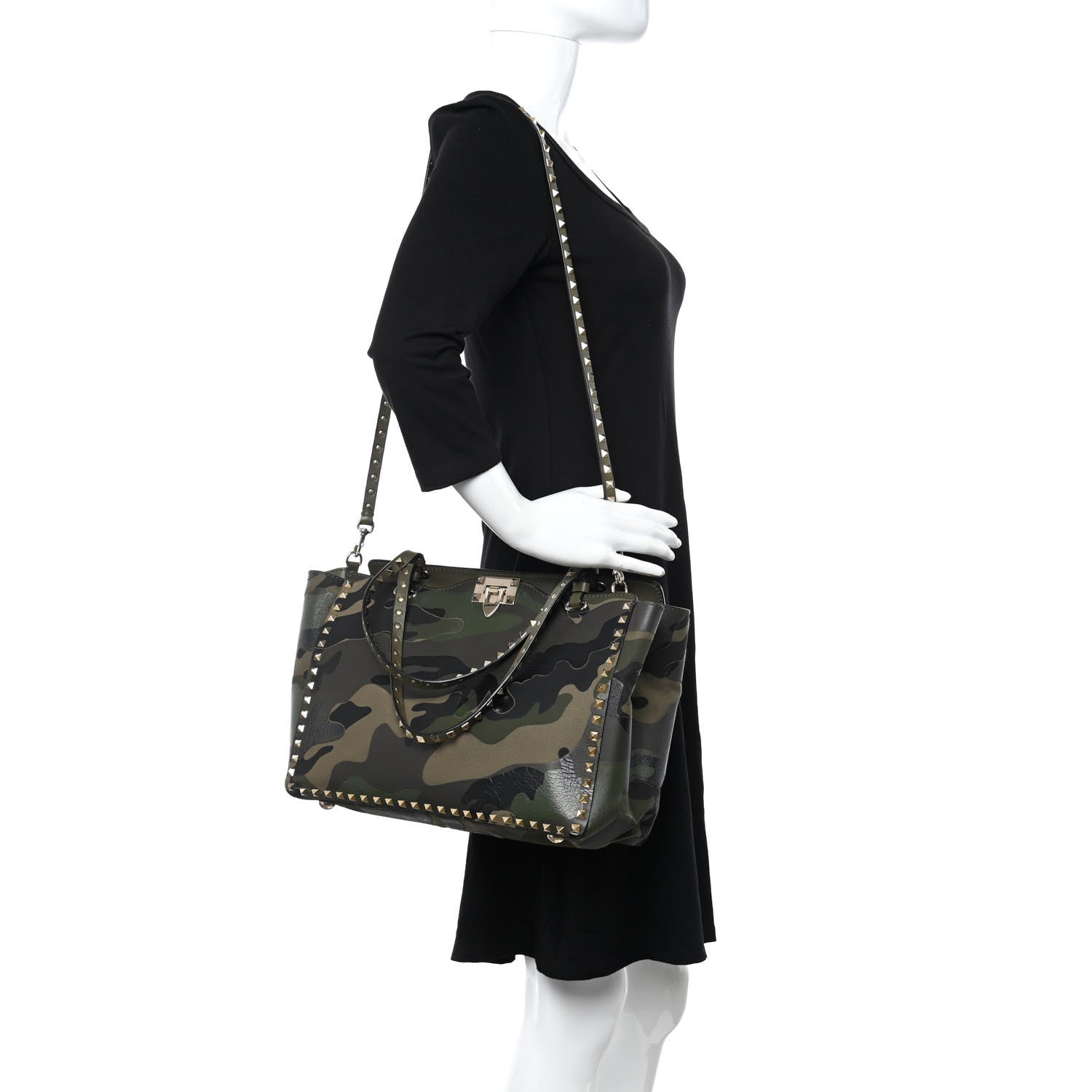 Valentino Garavani Nappa Canvas Camouflage Medium Rockstud Tote Verde Rouge 2 of 18