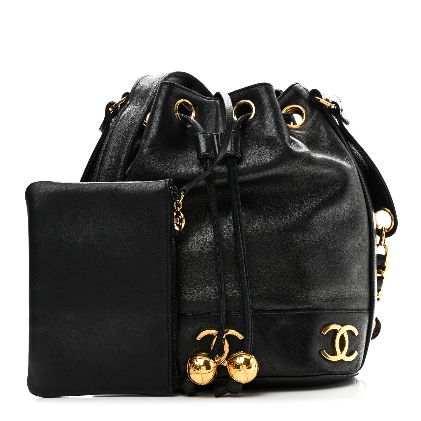 Lambskin CC Drawstring Shoulder Bag Black