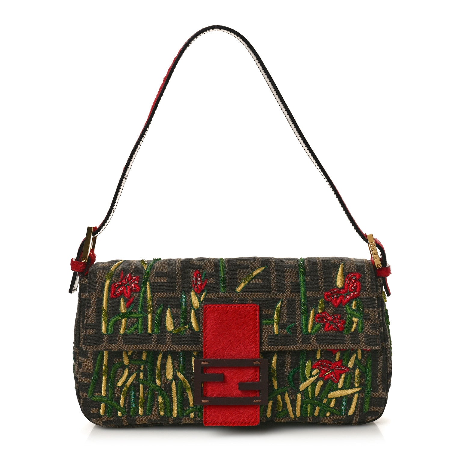 Fendi Zucca Pony Hair Embroidered Baguette Tobacco 1 of 10