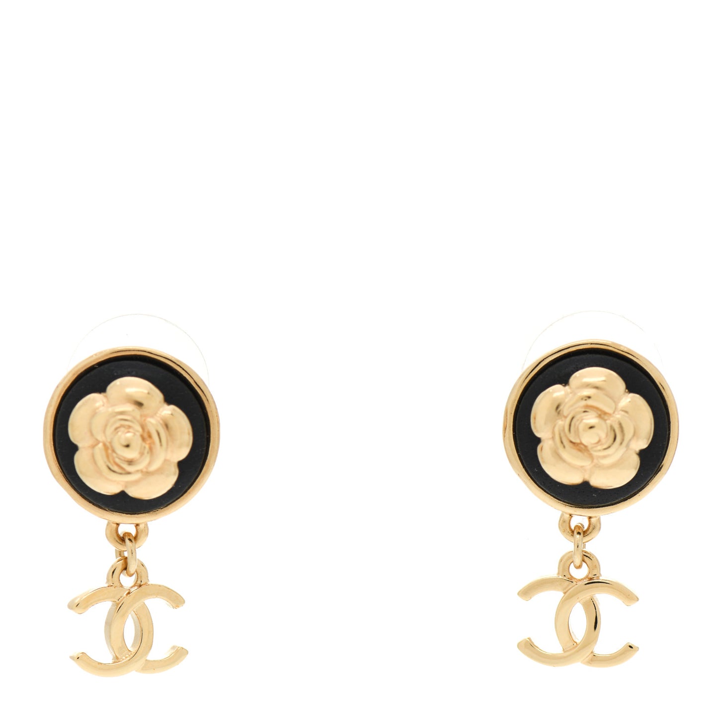 Metal Lambskin Camellia CC Drop Earrings Gold Black