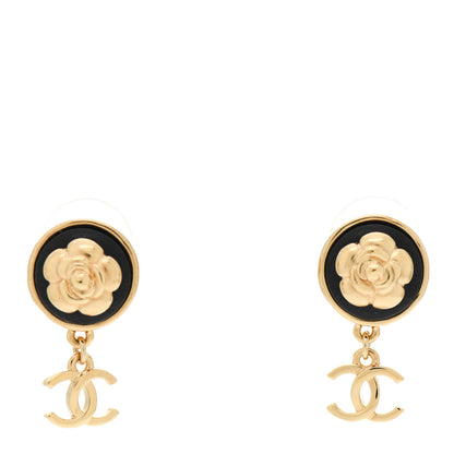 Chanel Metal Lambskin Camellia CC Drop Earrings Gold Black 1 of 4