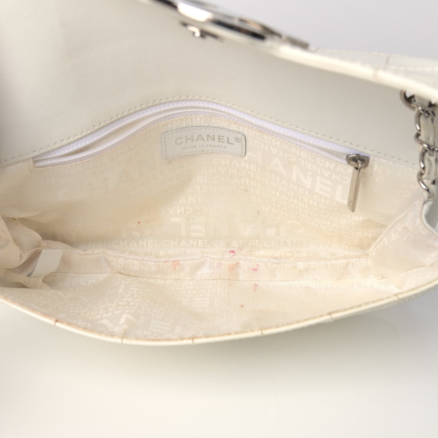 Patent Square Stitched CC Flap Clutch White