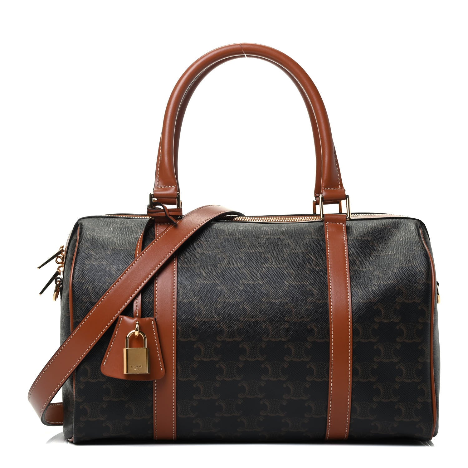 Celine Triomphe Canvas Calfskin Boston Bag Tan 1 of 10
