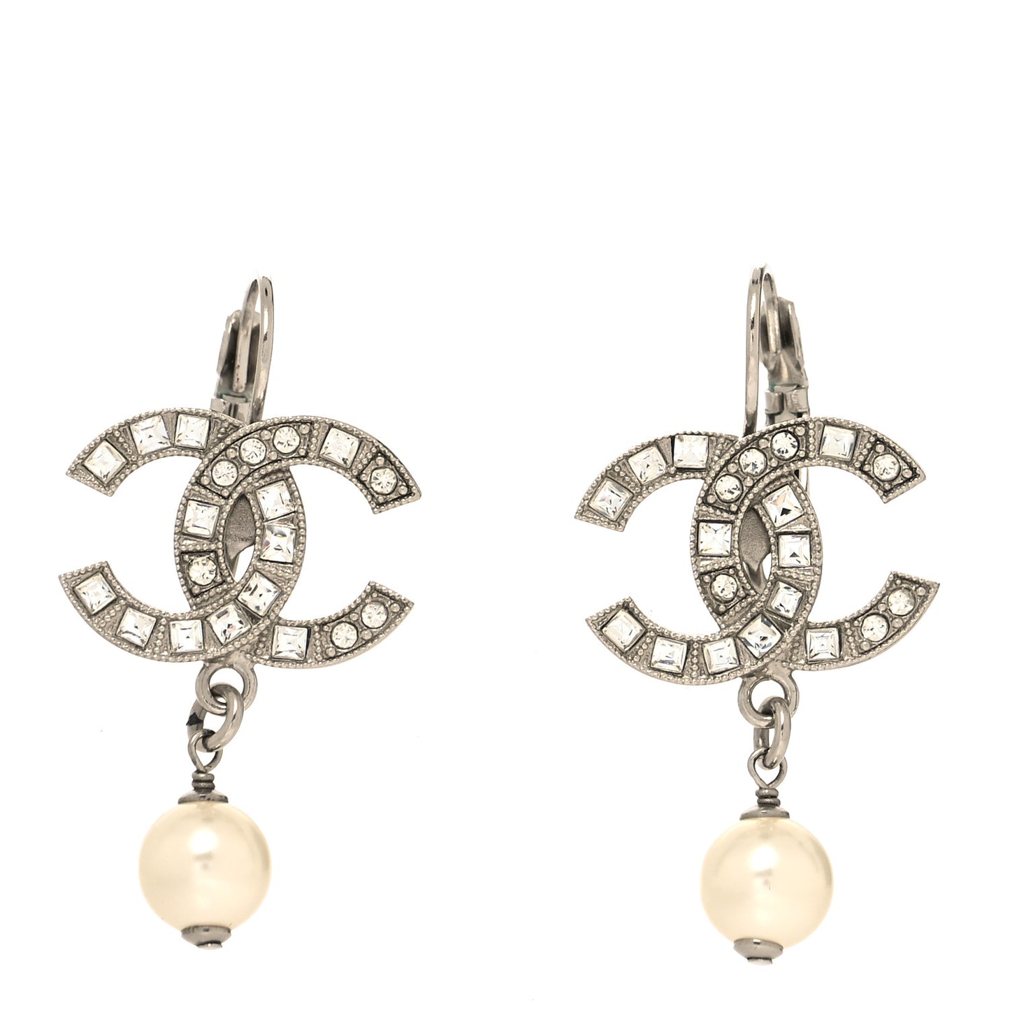 Crystal Pearl CC Drop Earrings Silver
