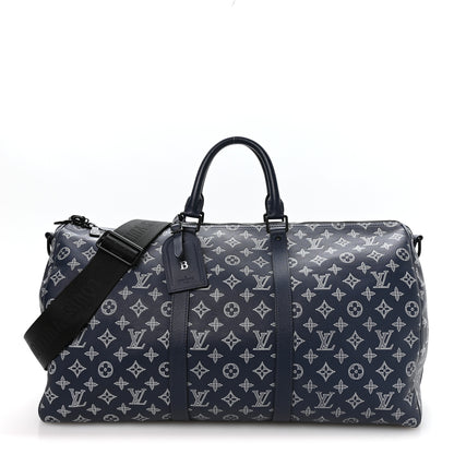 Louis Vuitton Calfskin Shadow Monogram Keepall Bandouliere 50 Ink Blue White 1 of 9