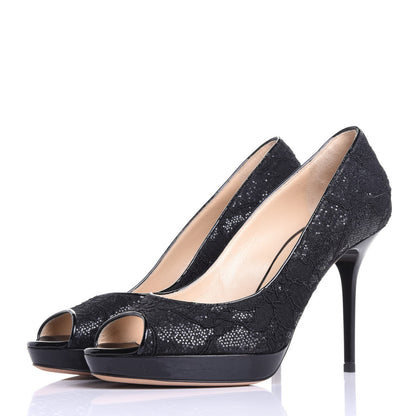 Jimmy Choo Lace Glitter Luna Peep Toe Pumps 37 Black 2 of 10