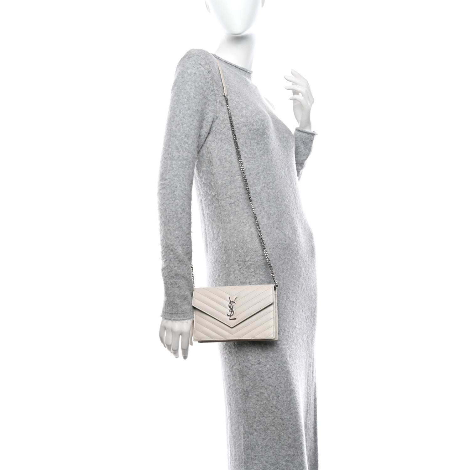 Saint Laurent Grain De Poudre Matelasse Chevron Monogram Envelope Chain Wallet Icy White 2 of 10