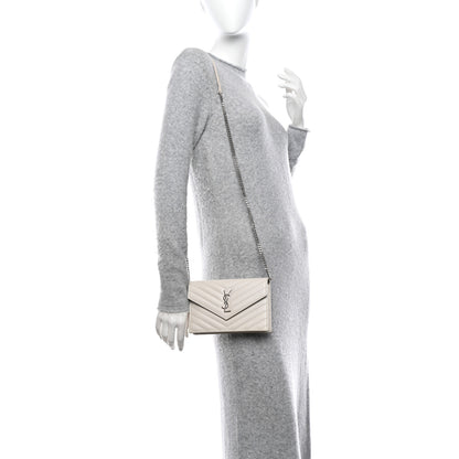 Saint Laurent Grain De Poudre Matelasse Chevron Monogram Envelope Chain Wallet Icy White 2 of 10