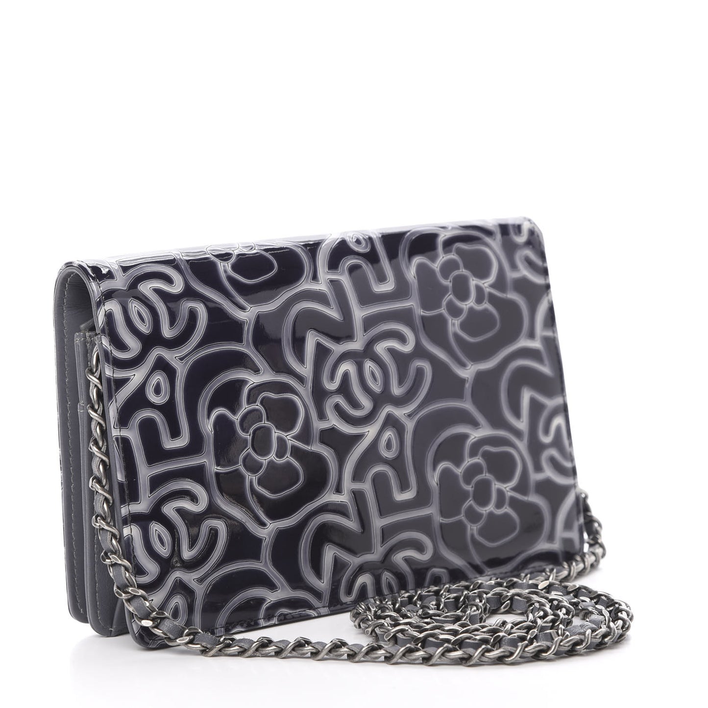 Patent Camellia Embossed Wallet on Chain WOC Dark Blue