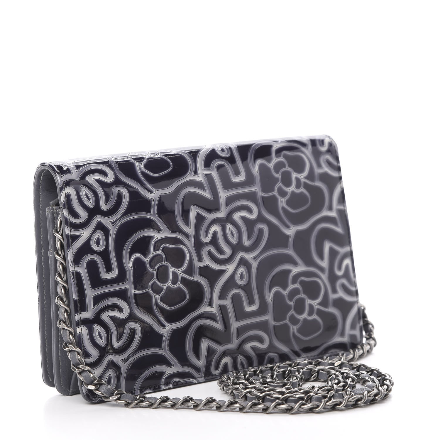 Chanel Patent Camellia Embossed Wallet on Chain WOC Dark Blue 3 of 14