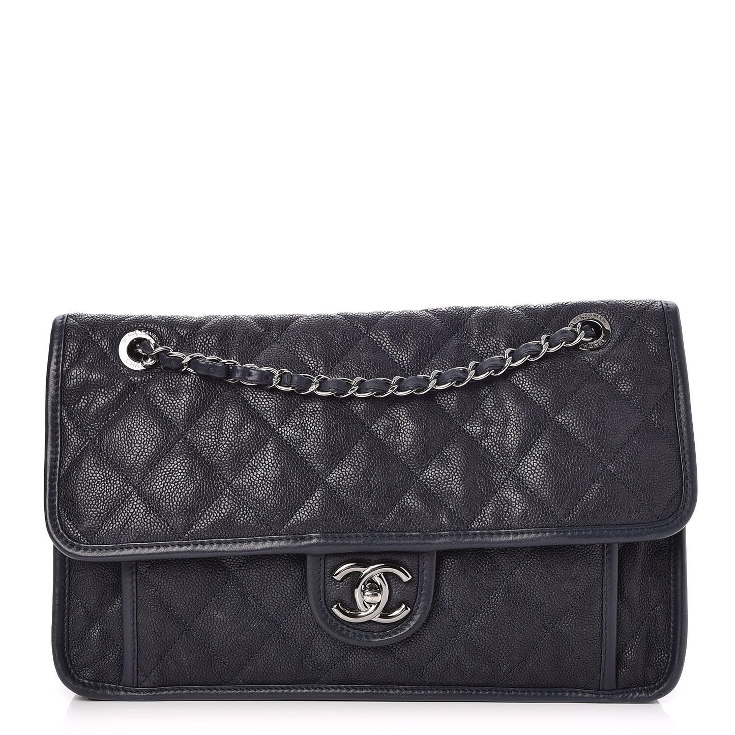 Caviar Quilted Large French Riviera Flap Navy Blue